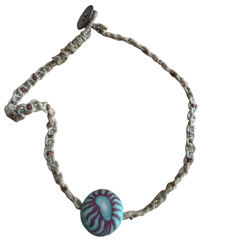 Handmade Hemp Macrame Choker Teal Purple Art Bead Seed Beads Boho Necklace